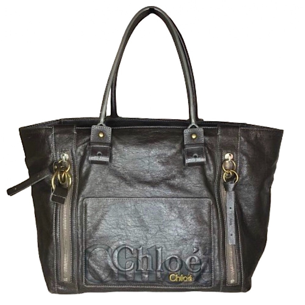 CHLOE Eclipse Oversized Metallic Grey Tote Shoulder Bag Top Closure Ext Pockets